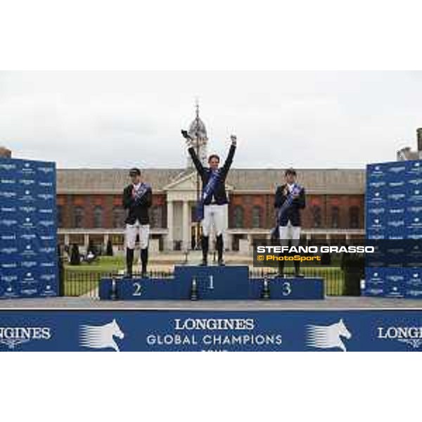 LGCT of London - Grand Prix - Prize giving ceremony - The podium: 1st Ben Maher (GBR), 2nd Shane Sweetnam (IRL), 3rd Darragh Kenny (IRL) - London, Royal Hospital Chelsea - 3 August 2019 - ph.Stefano Grasso/LGCT