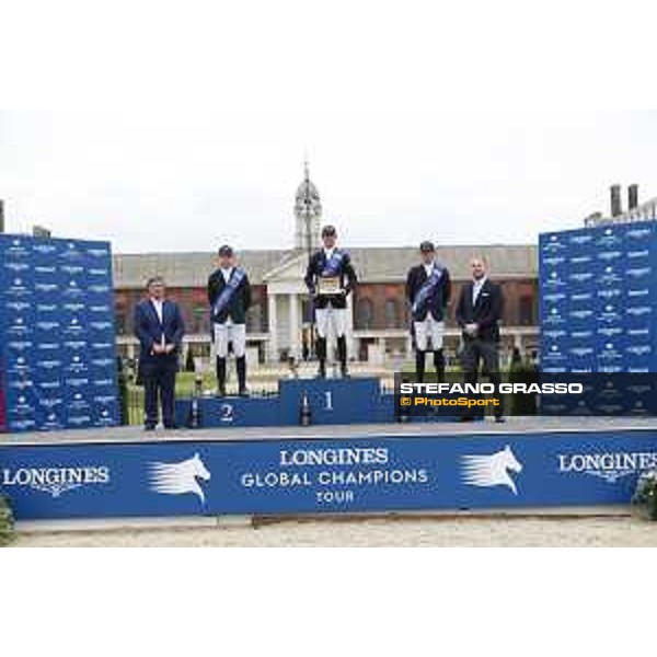 LGCT of London - Grand Prix - Prize giving ceremony - The podium: 1st Ben Maher (GBR), 2nd Shane Sweetnam (IRL), 3rd Darragh Kenny (IRL). Jan Tops (President of LGCT and co-founder of GCL), Chelsea Pensioners - London, Royal Hospital Chelsea - 3 August 2019 - ph.Stefano Grasso/LGCT