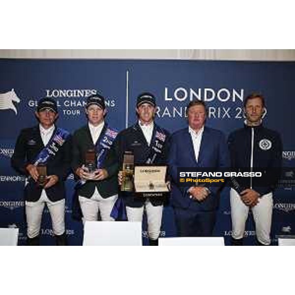 LGCT of London - Grand Prix - Press conference - Darragh Kenny (IRL), Shane Sweetnam (IRL), Ben Maher (GBR), Jan Tops (President of LGCT and co-founder of GCL), Pieter Devos (BEL) - London, Royal Hospital Chelsea - 3 August 2019 - ph.Stefano Grasso/LGCT