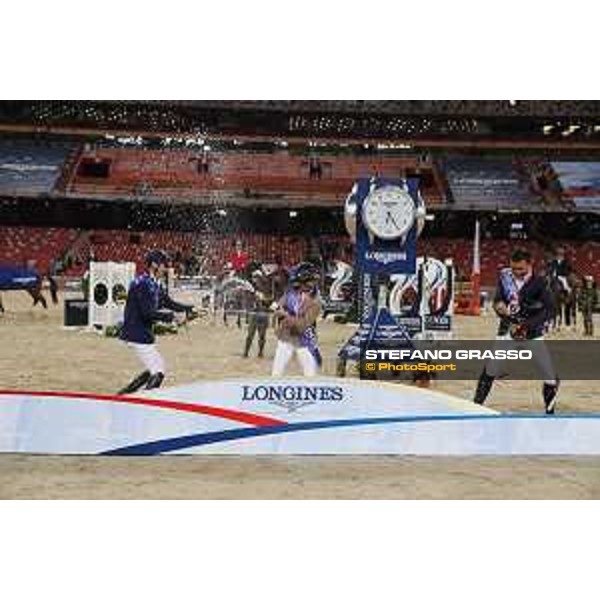 Longines Grand Prix - The Podium of Longines Grand Prix - Penelope Leprevost,Daniel Deusser,Bin Zhang - Champagne celebration Beijing, Bird\'s Nest 13th October 2019 Ph.Stefano Grasso/LEBM