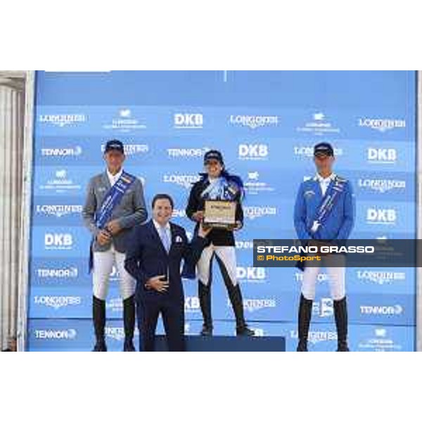 LGCT of Berlin - Grand Prix Prize giving ceremony - The podium: 1st Danielle G. Waldman (ISR), 2nd Ludger Beerbaum (GER) and 3rd Christian Ahlmann (GER), Longines watch - Berlin, Sommergarten - 27 July 2019 - ph.Stefano Grasso/LGCT