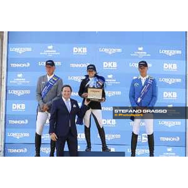 LGCT of Berlin - Grand Prix Prize giving ceremony - The podium: 1st Danielle G. Waldman (ISR), 2nd Ludger Beerbaum (GER) and 3rd Christian Ahlmann (GER), Longines watch - Berlin, Sommergarten - 27 July 2019 - ph.Stefano Grasso/LGCT