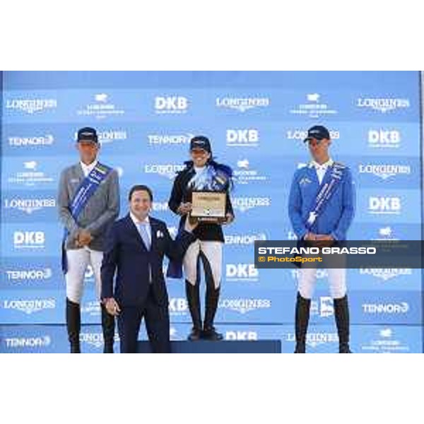 LGCT of Berlin - Grand Prix Prize giving ceremony - The podium: 1st Danielle G. Waldman (ISR), 2nd Ludger Beerbaum (GER) and 3rd Christian Ahlmann (GER), Longines watch - Berlin, Sommergarten - 27 July 2019 - ph.Stefano Grasso/LGCT