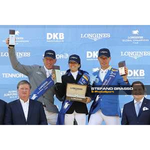 LGCT of Berlin - Grand Prix Prize giving ceremony - The podium: 1st Danielle G. Waldman (ISR), 2nd Ludger Beerbaum (GER) and 3rd Christian Ahlmann (GER) - Berlin, Sommergarten - 27 July 2019 - ph.Stefano Grasso/LGCT