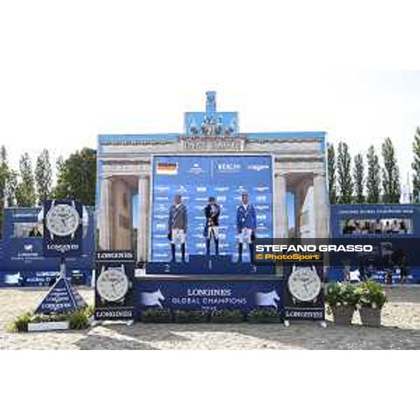 LGCT of Berlin - Grand Prix Prize giving ceremony - The podium: 1st Danielle G. Waldman (ISR), 2nd Ludger Beerbaum (GER) and 3rd Christian Ahlmann (GER) - Berlin, Sommergarten - 27 July 2019 - ph.Stefano Grasso/LGCT