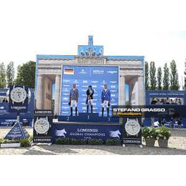 LGCT of Berlin - Grand Prix Prize giving ceremony - The podium: 1st Danielle G. Waldman (ISR), 2nd Ludger Beerbaum (GER) and 3rd Christian Ahlmann (GER) - Berlin, Sommergarten - 27 July 2019 - ph.Stefano Grasso/LGCT