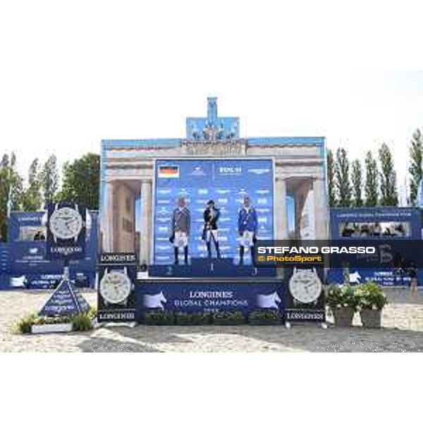 LGCT of Berlin - Grand Prix Prize giving ceremony - The podium: 1st Danielle G. Waldman (ISR), 2nd Ludger Beerbaum (GER) and 3rd Christian Ahlmann (GER) - Berlin, Sommergarten - 27 July 2019 - ph.Stefano Grasso/LGCT