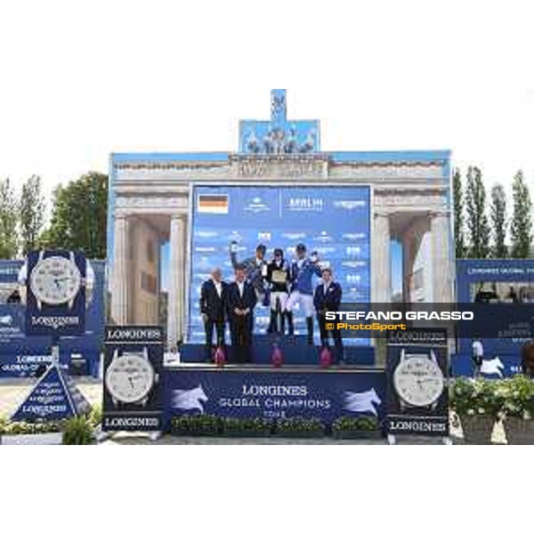 LGCT of Berlin - Grand Prix Prize giving ceremony - The podium: 1st Danielle G. Waldman (ISR), 2nd Ludger Beerbaum (GER) and 3rd Christian Ahlmann (GER) - Berlin, Sommergarten - 27 July 2019 - ph.Stefano Grasso/LGCT