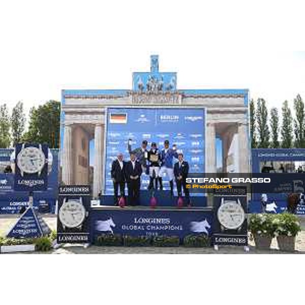 LGCT of Berlin - Grand Prix Prize giving ceremony - The podium: 1st Danielle G. Waldman (ISR), 2nd Ludger Beerbaum (GER) and 3rd Christian Ahlmann (GER) - Berlin, Sommergarten - 27 July 2019 - ph.Stefano Grasso/LGCT
