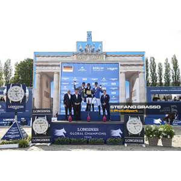LGCT of Berlin - Grand Prix Prize giving ceremony - The podium: 1st Danielle G. Waldman (ISR), 2nd Ludger Beerbaum (GER) and 3rd Christian Ahlmann (GER) - Berlin, Sommergarten - 27 July 2019 - ph.Stefano Grasso/LGCT