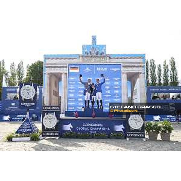 LGCT of Berlin - Grand Prix Prize giving ceremony - The podium: 1st Danielle G. Waldman (ISR), 2nd Ludger Beerbaum (GER) and 3rd Christian Ahlmann (GER) - Berlin, Sommergarten - 27 July 2019 - ph.Stefano Grasso/LGCT