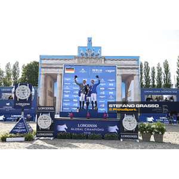 LGCT of Berlin - Grand Prix Prize giving ceremony - The podium: 1st Danielle G. Waldman (ISR), 2nd Ludger Beerbaum (GER) and 3rd Christian Ahlmann (GER) - Berlin, Sommergarten - 27 July 2019 - ph.Stefano Grasso/LGCT