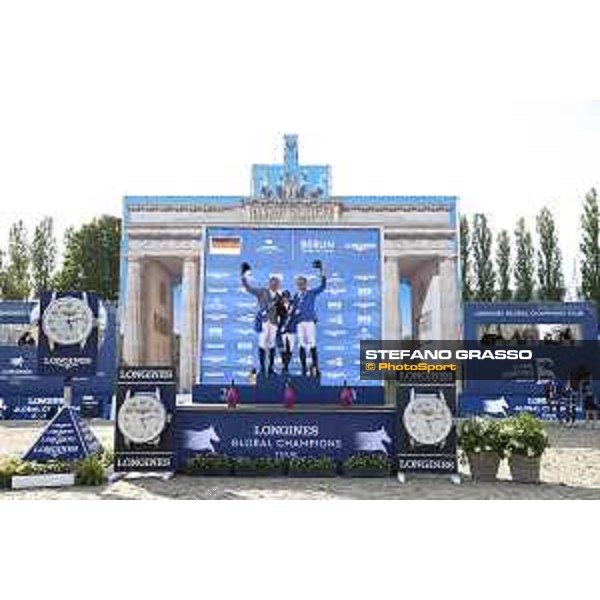 LGCT of Berlin - Grand Prix Prize giving ceremony - The podium: 1st Danielle G. Waldman (ISR), 2nd Ludger Beerbaum (GER) and 3rd Christian Ahlmann (GER) - Berlin, Sommergarten - 27 July 2019 - ph.Stefano Grasso/LGCT