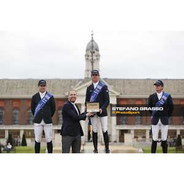 LGCT of London - Grand Prix - Prize giving ceremony - The podium: 1st Ben Maher (GBR), 2nd Shane Sweetnam (IRL), 3rd Darragh Kenny (IRL) - London, Royal Hospital Chelsea - 3 August 2019 - ph.Stefano Grasso/LGCT