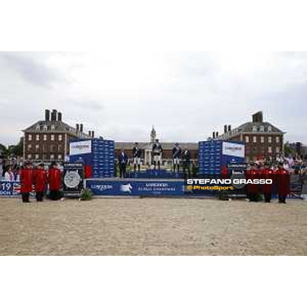 LGCT of London - Grand Prix - Prize giving ceremony - The podium: 1st Ben Maher (GBR), 2nd Shane Sweetnam (IRL), 3rd Darragh Kenny (IRL). Jan Tops (President of LGCT and co-founder of GCL), Chelsea Pensioners - London, Royal Hospital Chelsea - 3 August 2019 - ph.Stefano Grasso/LGCT