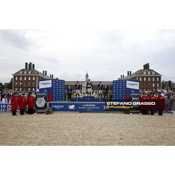 LGCT of London - Grand Prix - Prize giving ceremony - The podium: 1st Ben Maher (GBR), 2nd Shane Sweetnam (IRL), 3rd Darragh Kenny (IRL). Jan Tops (President of LGCT and co-founder of GCL), Chelsea Pensioners - London, Royal Hospital Chelsea - 3 August 2019 - ph.Stefano Grasso/LGCT