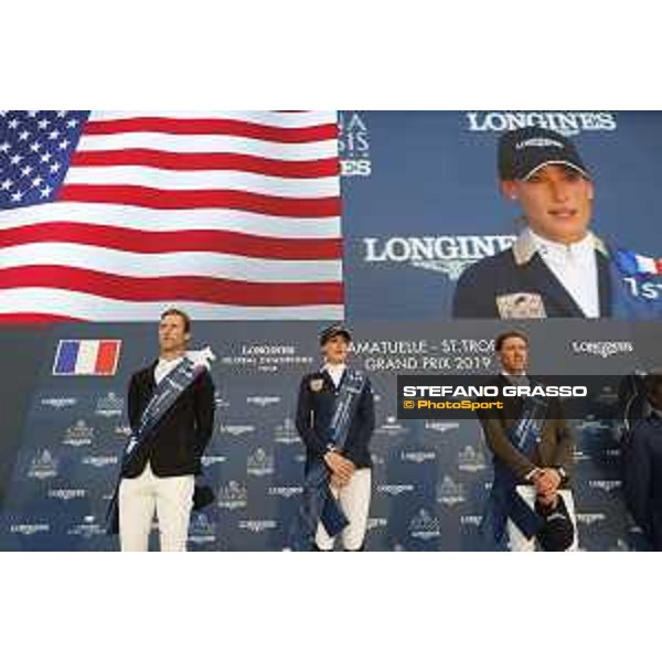 LGCT of St Tropez - Grand Prix Prize giving ceremony - The podium: 1st Jessica Springsteen (USA), 2nd Pieter Devos (BEL) , 3rd Simon Delestre (FRA) - St Tropez, Ramatuelle Beach - 14 September 2019 - ph.Stefano Grasso/LGCT