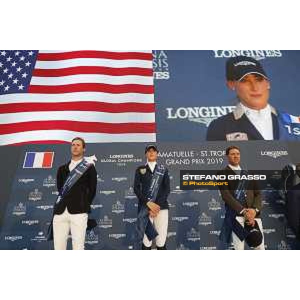 LGCT of St Tropez - Grand Prix Prize giving ceremony - The podium: 1st Jessica Springsteen (USA), 2nd Pieter Devos (BEL) , 3rd Simon Delestre (FRA) - St Tropez, Ramatuelle Beach - 14 September 2019 - ph.Stefano Grasso/LGCT