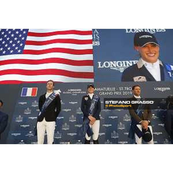 LGCT of St Tropez - Grand Prix Prize giving ceremony - The podium: 1st Jessica Springsteen (USA), 2nd Pieter Devos (BEL) , 3rd Simon Delestre (FRA) - St Tropez, Ramatuelle Beach - 14 September 2019 - ph.Stefano Grasso/LGCT