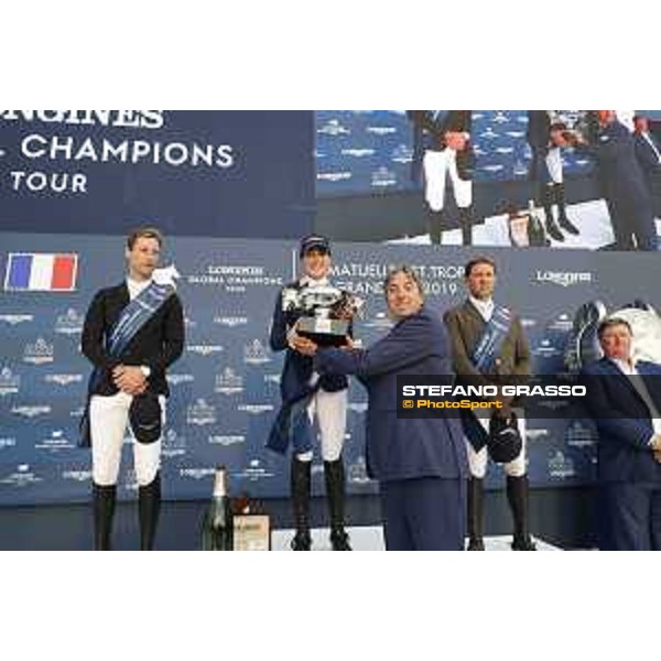 LGCT of St Tropez - Grand Prix Prize giving ceremony - The podium: 1st Jessica Springsteen (USA), 2nd Pieter Devos (BEL) , 3rd Simon Delestre (FRA) - St Tropez, Ramatuelle Beach - 14 September 2019 - ph.Stefano Grasso/LGCT