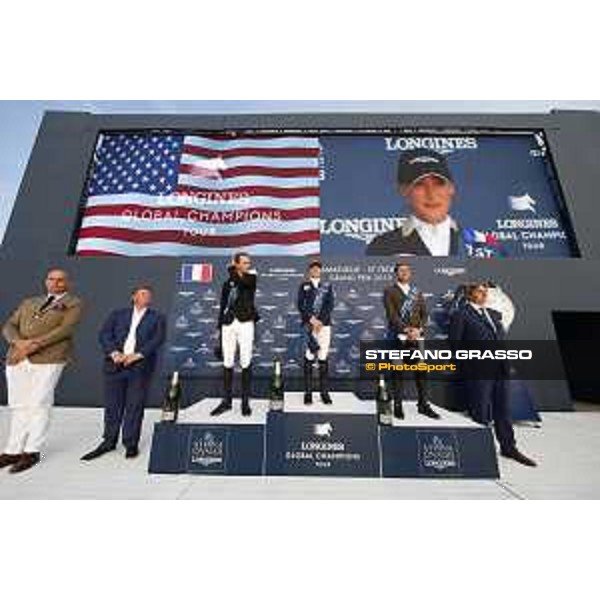 LGCT of St Tropez - Grand Prix Prize giving ceremony - The podium: 1st Jessica Springsteen (USA), 2nd Pieter Devos (BEL) , 3rd Simon Delestre (FRA) - St Tropez, Ramatuelle Beach - 14 September 2019 - ph.Stefano Grasso/LGCT