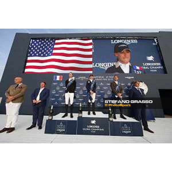 LGCT of St Tropez - Grand Prix Prize giving ceremony - The podium: 1st Jessica Springsteen (USA), 2nd Pieter Devos (BEL) , 3rd Simon Delestre (FRA) - St Tropez, Ramatuelle Beach - 14 September 2019 - ph.Stefano Grasso/LGCT