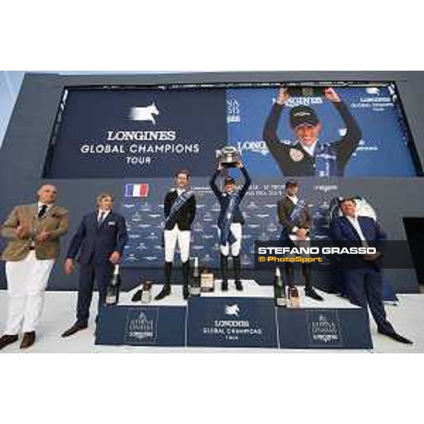 LGCT of St Tropez - Grand Prix Prize giving ceremony - The podium: 1st Jessica Springsteen (USA), 2nd Pieter Devos (BEL) , 3rd Simon Delestre (FRA) - St Tropez, Ramatuelle Beach - 14 September 2019 - ph.Stefano Grasso/LGCT