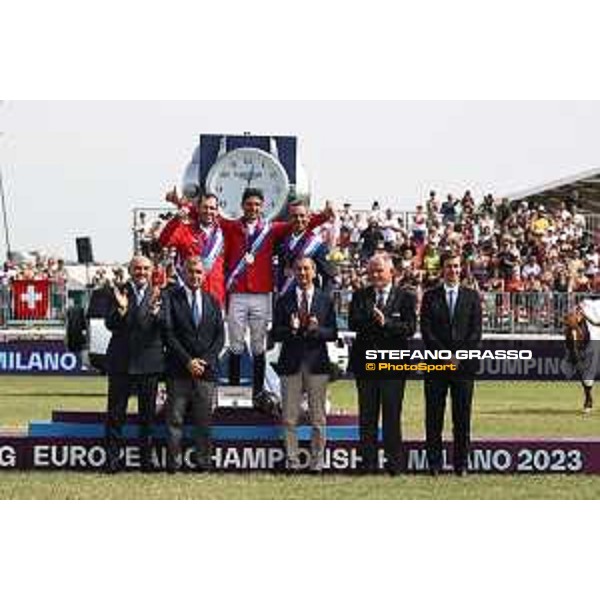 FEI Jumping European Championship Milano 2023 - Milano, San Siro galopp racecourse - 3 September 2023 - ph.Stefano Grasso Guerdat Steve from SUI riding Dynamix de Belheme is FEI Jumping European Champion with Fabio Schiavolin, AD Trenno,Marco Di Paola, Fise President ,Giuseppe Sala, Major of Milan and Mateo Sovera, Longines Brand Manager Italia