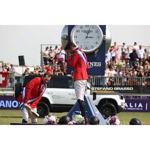 FEI Jumping European Championship Milano 2023 - Milano, San Siro galopp racecourse - 3 September 2023 - ph.Stefano Grasso Champagne celebration - Steve Guerdat, Philipp Weishaupt and Julien Epaillard