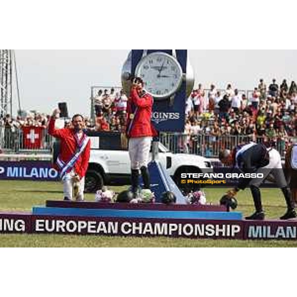 FEI Jumping European Championship Milano 2023 - Milano, San Siro galopp racecourse - 3 September 2023 - ph.Stefano Grasso Champagne celebration - Steve Guerdat, Philipp Weishaupt and Julien Epaillard