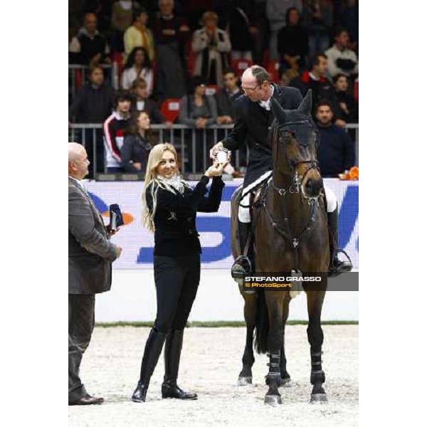 prize giving ceremony for Gilbert Bockmann on No Father\'s Girl, 2nd in the Jumping Verona - Rolex Fei World Cup tm 2009 - close to him Gross and on. Martini Verona, 8th nov. 2009 ph.Fieracavalli/Stefano Grasso