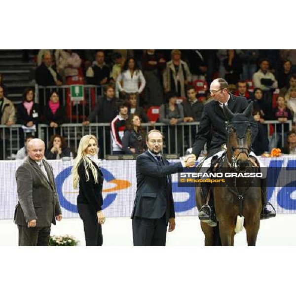prize giving ceremony for Gilbert Bockmann on No Father\'s Girl, 2nd in the Jumping Verona - Rolex Fei World Cup tm 2009 - close to him Andrea Paul Gross and on. Martini Verona, 8th nov. 2009 ph.Fieracavalli/Stefano Grasso