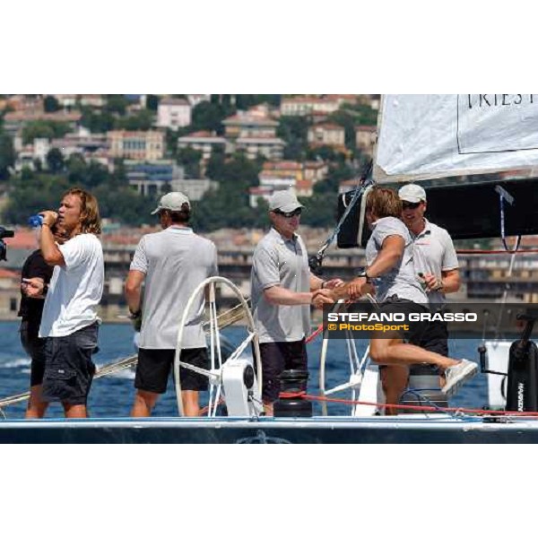 James Spithill - Luna Rossa and crew members winners of Heat - La Sfida NAtions Cup 2004 Triest, 18th july 2004 ph. Stefano Grasso
