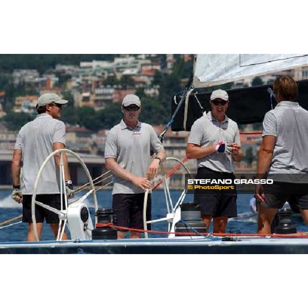 Michele Ivaldi ,James Spithill and members of Luna Rossa winners of Heat - La Sfida NAtions Cup 2004 Triest, 18th july 2004 ph. Stefano Grasso
