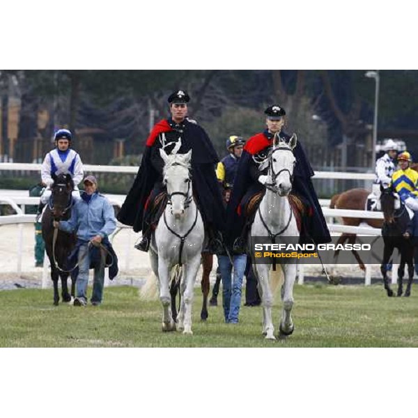 The Carabinieri a Cavallo open the parade of 60.a Gran Corsa Siepi - at left Dirk Fuhrmann on Frammassone Roma, 14th february 2010 ph. Stefano Grasso