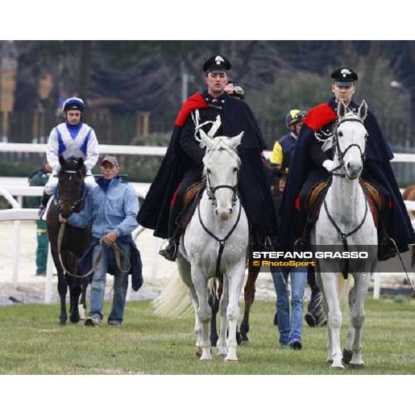 The Carabinieri a Cavallo open the parade of 60.a Gran Corsa Siepi - at left Dirk Fuhrmann on Frammassone Roma, 14th february 2010 ph. Stefano Grasso