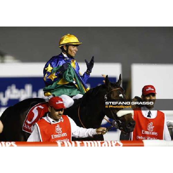 Tiago Pereira on Gloria de Campeao celebrates after winning the Dubai World Cup Dubai - Meydan, 26th march 2010 ph. Stefano Grasso
