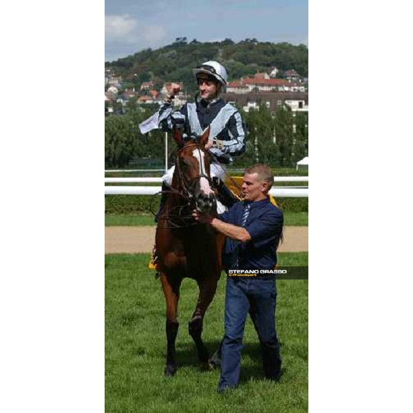 Christophe Lemaire on Divine Proportions exulting after winning Prix Morny Casinos Barriere Deauville, 22th august 2004 ph. Stefano Grasso