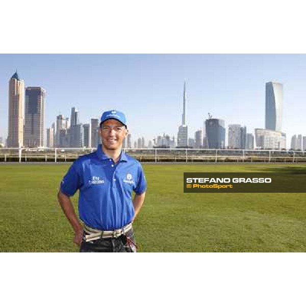 Godolphin Media Morning - Frankie Dettori poses in front of the skylyne of Dubai with the Burj Khalifa in the background Dubai - Al Quoz 23rd march 2011 ph.Stefano Grasso