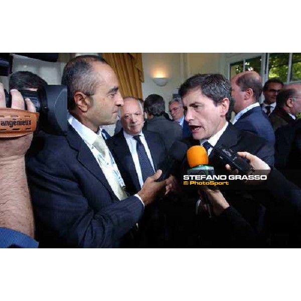 talkshow \'Imprenditoria e Sport\' On. Gianni Alemanno, Ministro delle Politiche Agricole, interviewed by Pino Nazio of Unire TV Milan San Siro 17th october 2004 ph. Stefano Grasso