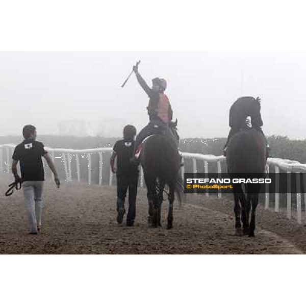 Morning track works at Meydan on friday 25th - the working rider of Victoire Pisa stands the wip coming back to the stable in a really foggy morning Dubai - Meydan 25th march 2011 ph.Stefano Grasso