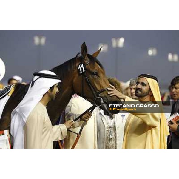Dubai World Cup 2011 - Sheihk Mohammed bin Rashid Al Maktoum congratulates with Khawlah winner of the Uae Derby - Sheihk Maktoum\'s son, Sheihk Hamdan bin Mohammed Al Maktoum is pictured at left Dubai - Meydan, 26th march 2011 ph.Stefano Grasso