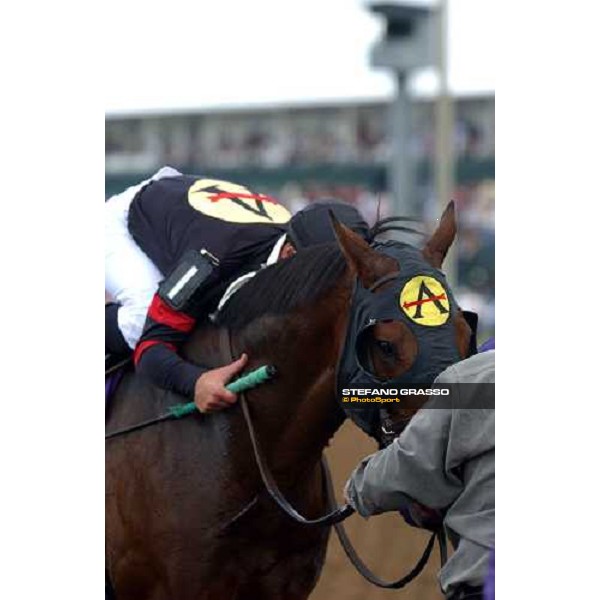 Javier Castellano thanks Ghostzapper winner of Breeders\' Cup Classic Lone Star PArk, Dallas 30th october 2004 ph. Stefano Grasso