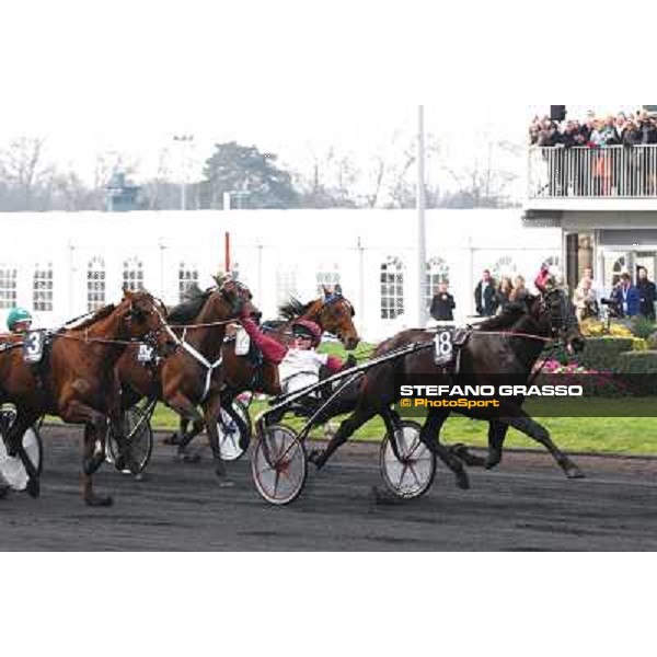 at few meters to the line Franck Nivard with Ready Cash goes to win the 91° Prix d\'Amerique Marionnaud Paris - Hippodrome de Vincennes, 29th january 2012 ph.Stefano Grasso