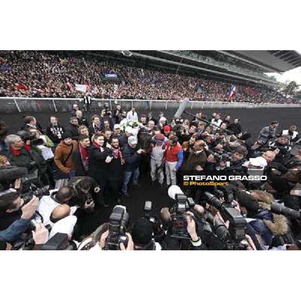 the winning connection of Franck Nivard and Ready Cash after the triumph in the 91° Prix d\'Amerique Marionnaud Paris - Hippodrome de Vincennes, 29th january 2012 ph.Stefano Grasso
