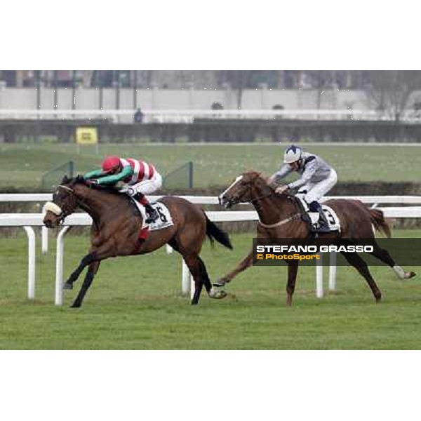 Mario Esposito on Smoking Joe goes to win the Premio Lodi Vecchio beating Stefano Landi on Jack Boy Milano - San Siro racecourse,18th march 2012 ph.Stefano Grasso