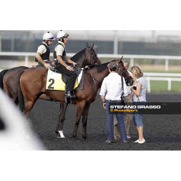 a caress to Presvis by Sara Cumani - close to them Luca Cumani Meydan - morning track works Dubai, 29th march 2012 ph.Stefano Grasso