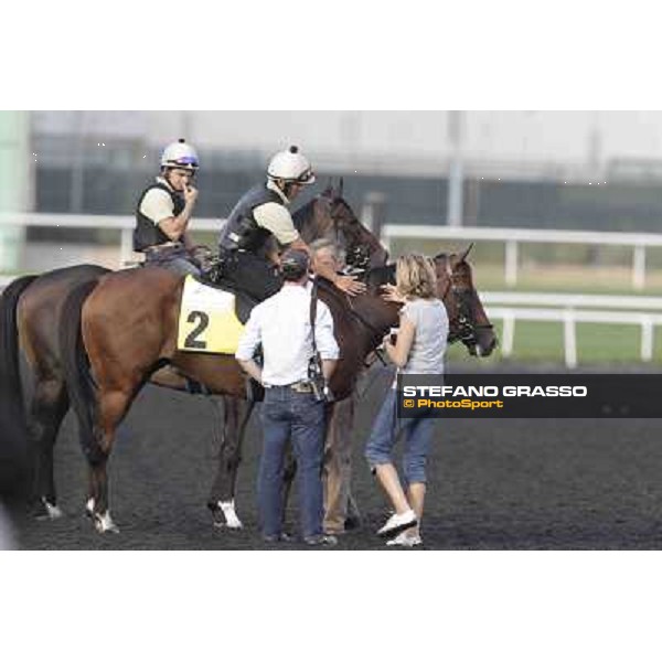 a caress to Presvis by Sara Cumani - close to them Luca Cumani Meydan - morning track works Dubai, 29th march 2012 ph.Stefano Grasso