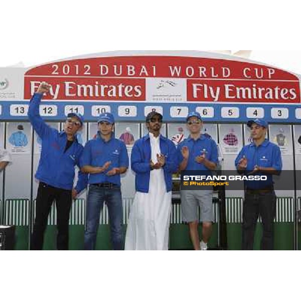 Frankie Dettori poses with Silvestre De Sousa,Kerrin McEvoy,Ahmed Aytebi and Mickael Barzalona Dubai, Meydan racecourse - 29th march 2012 ph.Stefano Grasso