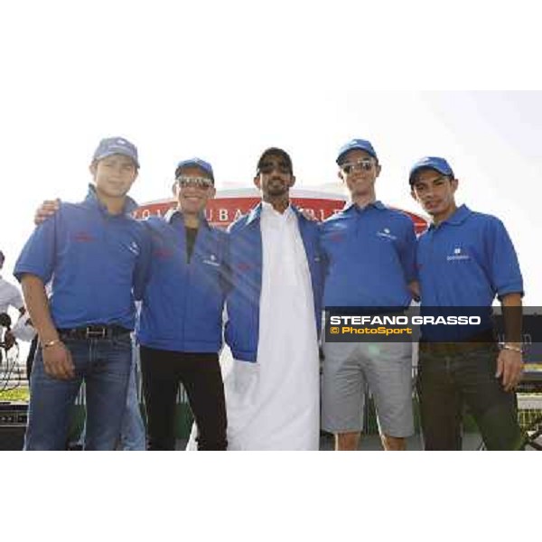 Frankie Dettori poses with Silvestre De Sousa,Kerrin McEvoy,Ahmed Aytebi and Mickael Barzalona Dubai, Meydan racecourse - 29th march 2012 ph.Stefano Grasso